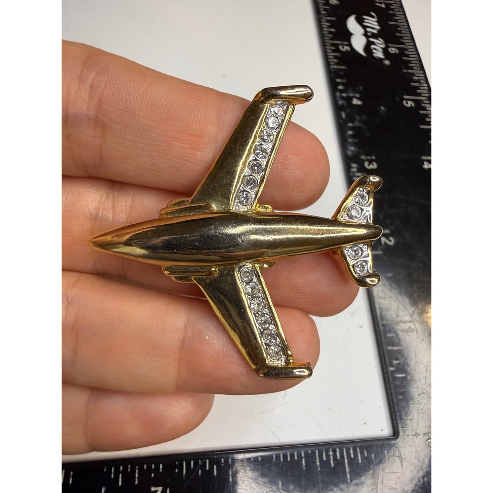 Gold Tone Rhinestone Airplane Brooch Pin Aviation Pilot Flight Attendant Jewelry